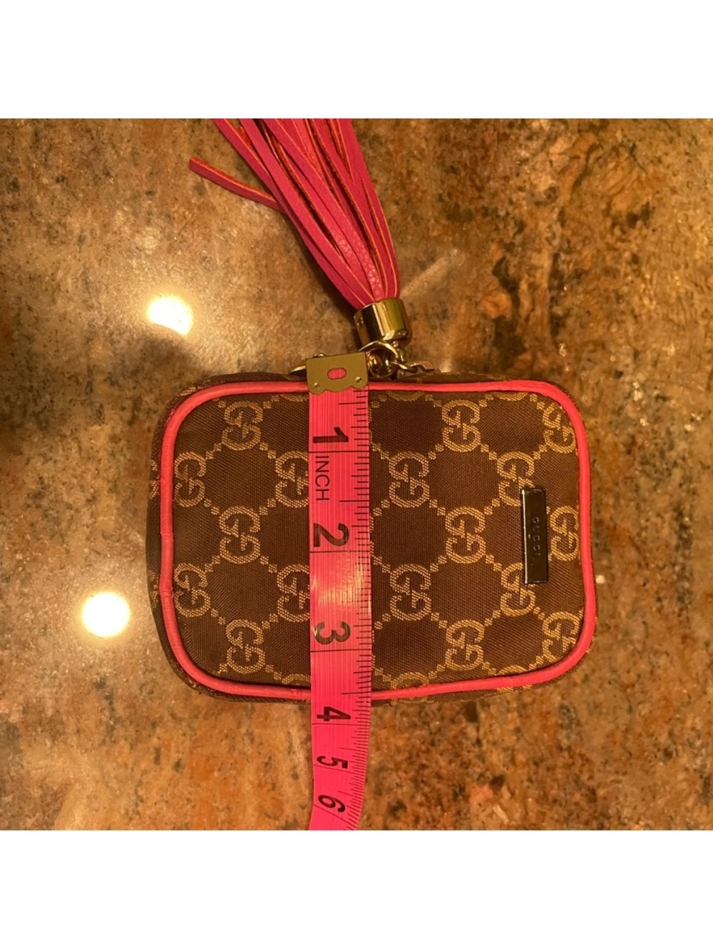 Gucci Brown Monogram Pouch with Fuchsia Trim and Tassel - Picture 7 of 10
